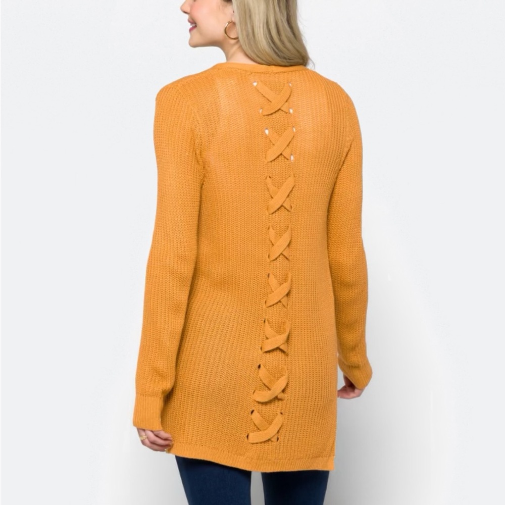 Pinque Jamelya Mustard Colored Acrylic Open Cardigan with Crisscross Back Detail